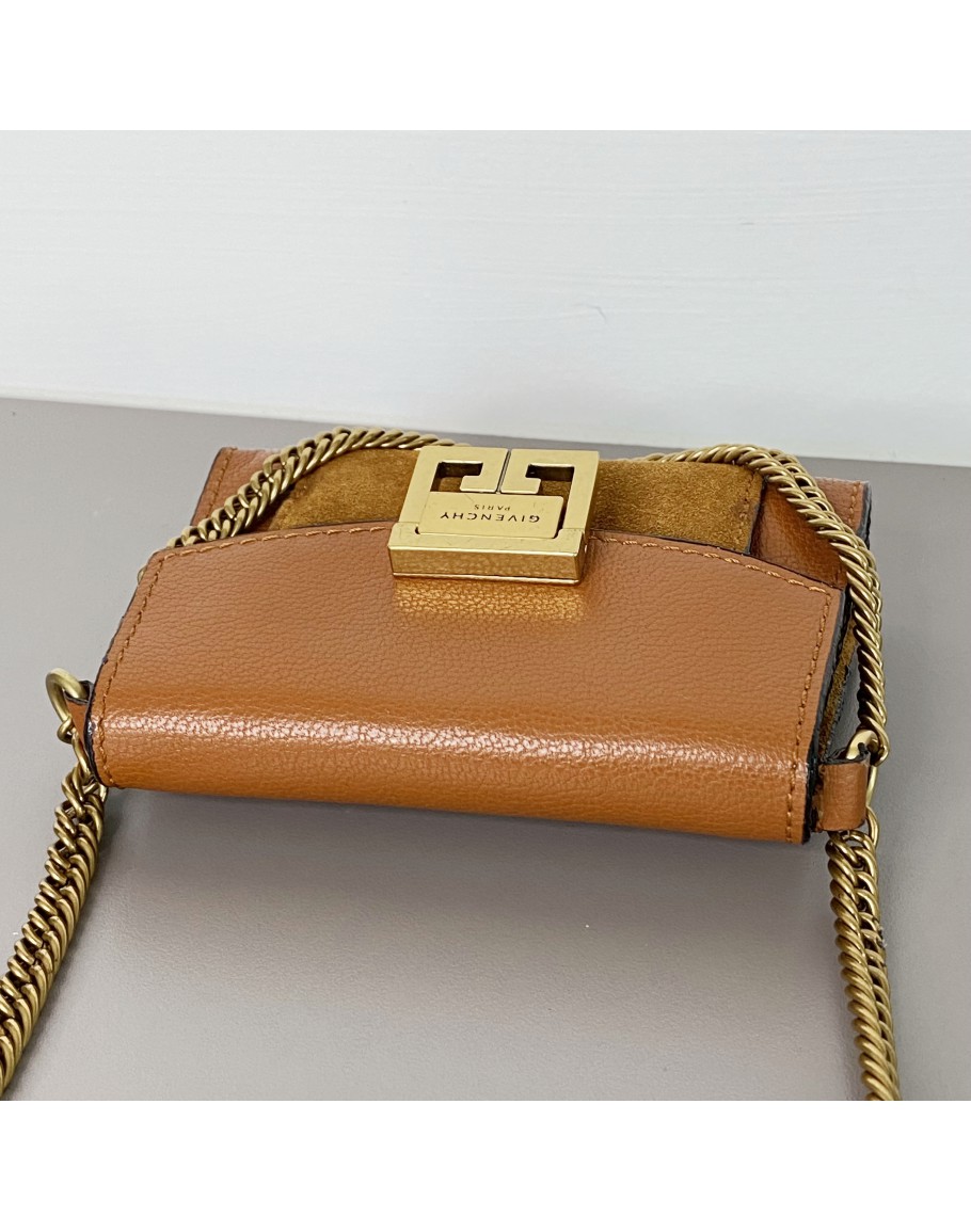 GIVENCHY GV3 Nano Bag with Chain in Brown Calfskin Aged Gold